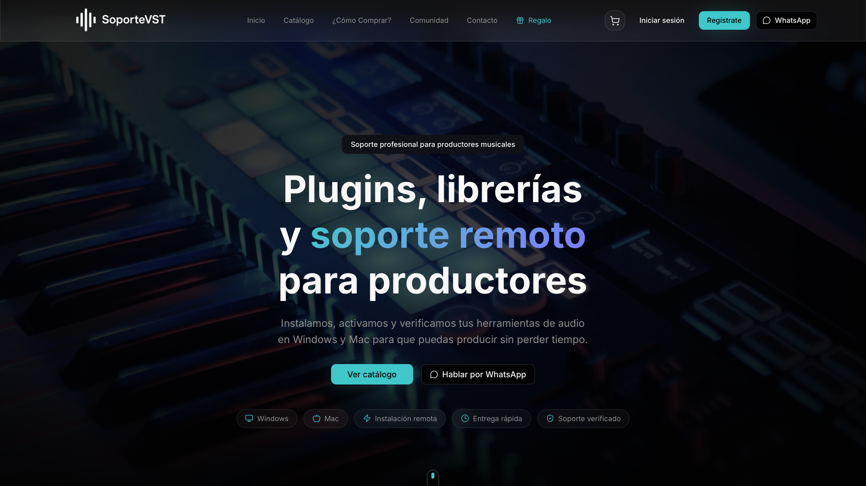 Captura de la plataforma SoporteVST mostrando el catálogo de plugins y software musical con integración de WhatsApp
